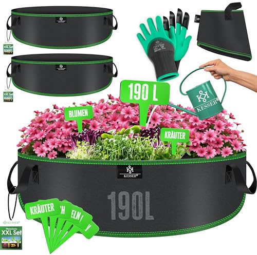 KESSER® Pflanzsack 190 Liter - 2er Set | Pflanzsäcke aus Vlies-Stoff inkl. Schildchen & Gartenhandschuhe | Kartoffel-Pflanztasche mit Fenster & Griffen | Pflanzbeutel für Gemüse Blumen Früchte Schwarz