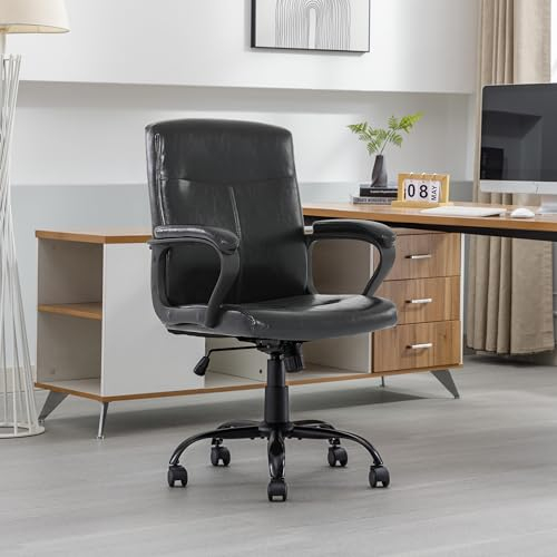 AISALL Bürostuhl Chefsessel 150kg Ergonomischer Schreibtischstuhl Schwarz Leder Vintage mit Gepolsterte Armlehne Wippfunktion, Drehstuhl Computerstuhl (Schwarz)
