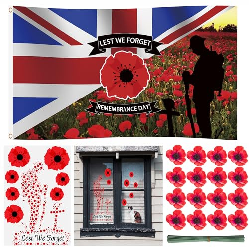 Accjzzlyn Remembrance Day Flag, Lest We Forget Poppy Window Stickers Poppies Artificial Flowers for Outdoor Garden Car Remembrance Day Decorations