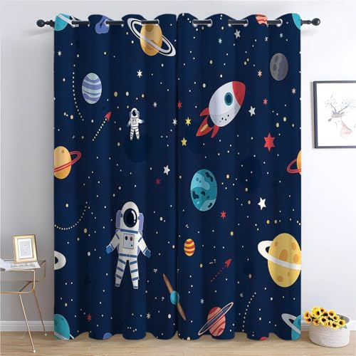 XCQHZYQ Vorhänge Cartoon-Astronauten-Raumschiff Blau, Gardinen Blickdicht Verdunklungsvorhänge Thermovorhang, Polyester Gardinen Kinder Wohnzimmer Schlafzimmer Fenster, 2er Set, H 160 x B 132 cm