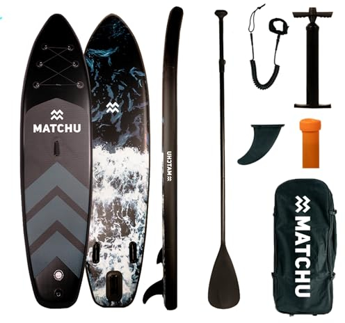 MATCHU - Stand Up Paddling Board – Sup Board – Komplettset - T/M 150 KG belastbar - 320x81x15 cm - Anti-Rutsch - Soft Foot Deck (Aqua Camo - Schwarz/Blau)