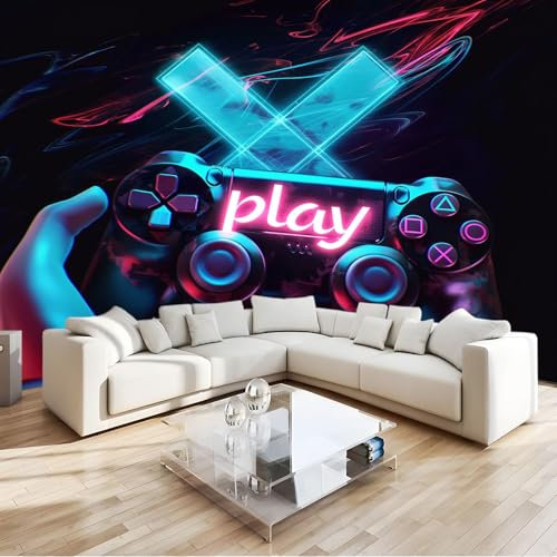 Papier Peint Panoramique Joueur Manette Noir 350x256 cm Papier Peint Intissé Mural, Poster Geant Mural Impression 3D, pour Salon Chambre d'enfants restaurant Décoration Murale