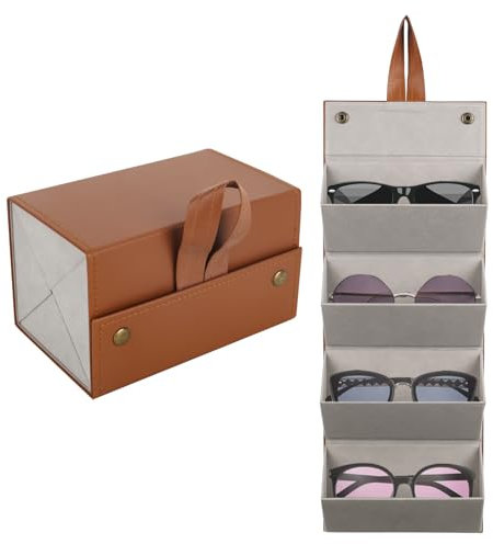 CTDMJ Foldable Glasses Storage Box - 4 Glasses Sunglasses Organiser, PU Leather Travel Stand, Brown, XL