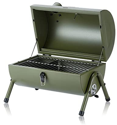Tragbarer Grill, Edelstahl-Holzkohlegrill in Fassform mit Thermometer, seitlichen Belüftungsöffnungen und Tragegriff aus Holz für Strandausflüge, Garten, Partys oder Campingausflüge (Farbe: Grün)