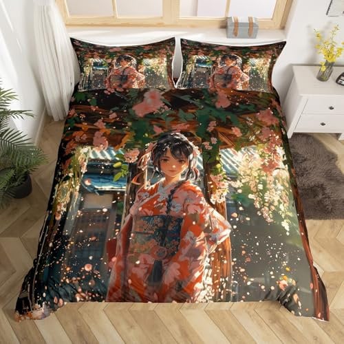 Homewish 135x200 Japanische Mädchen Bettwäsche Set,Anime Manga Mädchen Bettbezug für Kinder Teens Erwachsene,Kirschblüten Blütenblatt Tröster Abdeckung Japan Animation Bettbezug mit 1 Kissenbezug