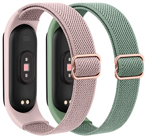 Amzpas 2PACK Armbands für Xiaomi Mi Band 7 Armband Damen Herren,Nylon Elastisch Sport Ersatzarmband Uhrenarmband für Xiaomi Mi Band 6/Mi Band 5/Mi Band 4/Mi Band 3/Amzfit band 5 (Rosa/Grün)