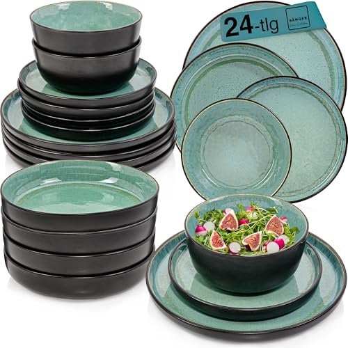 SÄNGER Fiji | Kombiservice 24 teilig, Steingut Geschirr Set 6 Personen, 6x Teller Set 6x Frühstücksteller 6x Tiefe Teller 6x Pastaschalen Geschirrset und Schale dunkelgrün | VALUE COLLECTION