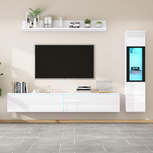 Juego de 3 paredes de TV con iluminación LED de alto brillo, muebles de salón, pared frontal blanca, 1 armario para TV, 1 vitrina para salón, 1 estante colgante, color blanco, 180 x 33 x 30 cm