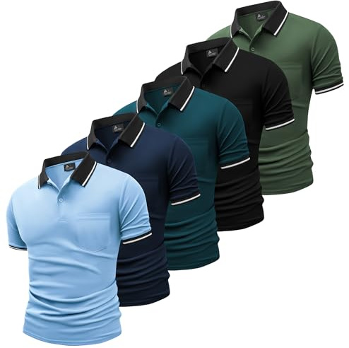 JACKETOWN 5 Pack Mens Polo Shirts Short Sleeve Lightweight Breathable Golf Polo for Adult Tennis Multipack Collared T Shirts