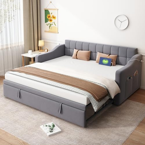 ANIROY Polsterbett mit Ausziehbares Bett, Samtstoff Schlafsofa Daybett Tagesbett Sofabett mit USB und Aufbewahrungstasche, 2 in 1 Schlafsofa mit Lattenrost aus Metall und Holz, ohne Matratze