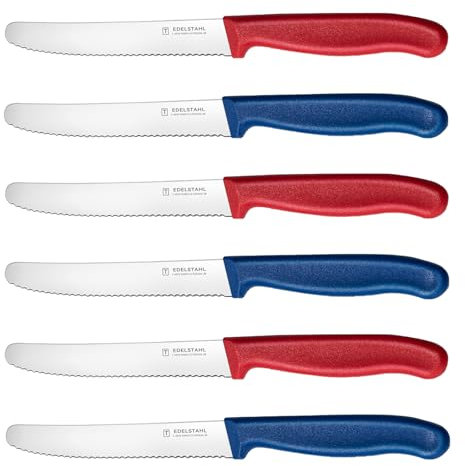 targzier Tomato Knife Multi-Color Set of 6, Kitchen Knife Sets,Sharp Serrated Kitchen Knives,Stainless Steel Utility Knifes,Wavy Edge Dinner/Table Knifes,Tomato Knives Set,Ergonomic Handle(Red&Blue)