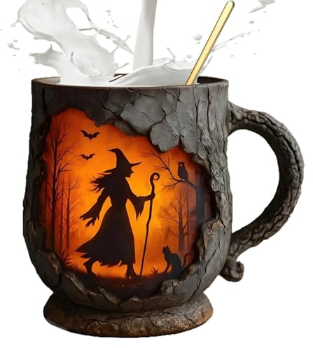 Fyrdyn Lustige Tasse 386ml,Coole Kaffeetassen - Hexe Mit Feuermuster 3D Baumrindenstruktur Ergonomische Tasse Für Erwachsene Kollegen Arbeit Lehrer Weihnachten Geburtstag