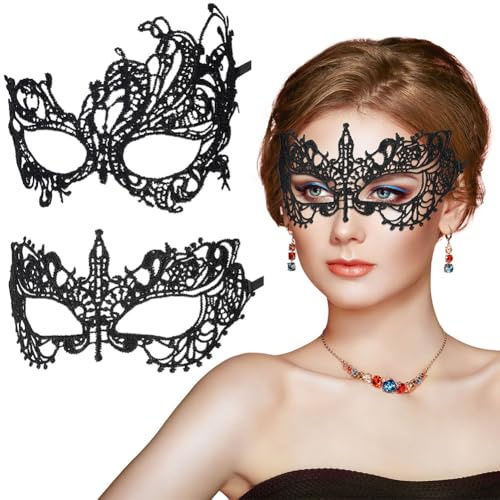 Aomig Spitze Maske, 2PC Venezianische Maske Spitze Damen, Schwarz Sexy Lace Augenmaske für Frauen, Augenmaske Erwachsene Maskerade Maske für Halloween Karneval Abendkleid Tanz Ball Party(A-Elf+Ritter)