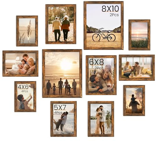 Feihorrm 12er Bilderrahmen Set, Vintage Braun Bilderwand, Rahmen Mix Größen | Fotocollage für Wand & Tisch, leichter Kunststoff-Fotorahmen mit Acrylglas, Rahmen für Fotos 10x15, 13x18, 15x20 & 20x25 cm