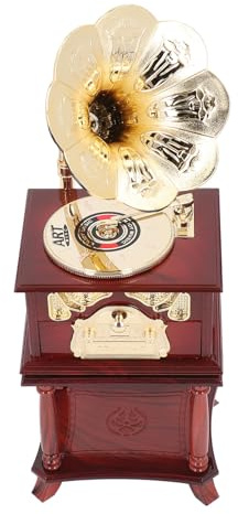 Gramophone Music Box Vintage Clockwork Mechanical Retro Melody Player For Home Table Desk Decorations ABS Material 306g (Brown Gramophone with Base)