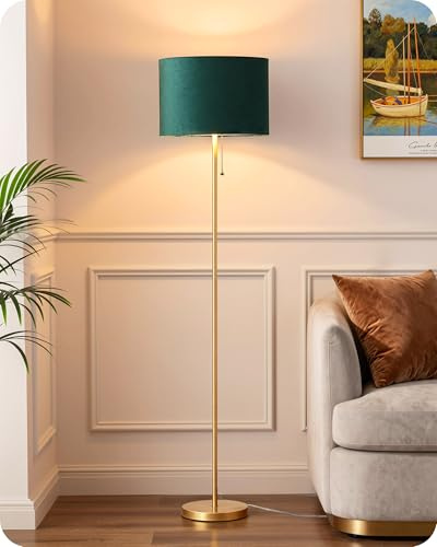 EDISHINE Stehlampe Wohnzimmer, Samt-Lampenschirm, Grün & Gold | Goldfarbenes Metallgestell, Vintage-Leselampe inkl. E27-LED-Leuchtmittel, 2700 K, für Schlafzimmer und Büro