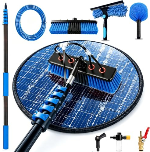 20FT Telescopic Water Fed Window Cleaning Pole Kit, 6M Extendable Telescopic Window Cleaner with Brush, Squeegee, Cobweb Duster, Inline Tap, Exterior Cleaner Kit for Conservatory Roof, Fascias Solar