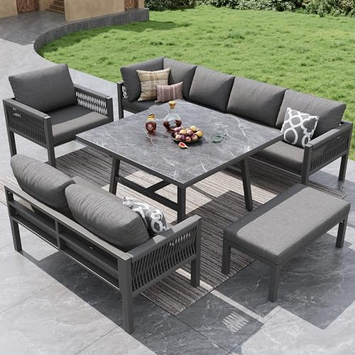 ELVMI Handgeflochtenes Garten-Outdoor-Sofa mit grauen Polstern,Freizeitsofa,Sitzgruppe mit Couchtisch und Sesseln,Ecksofa,für bis zu 8 Personen,Grau