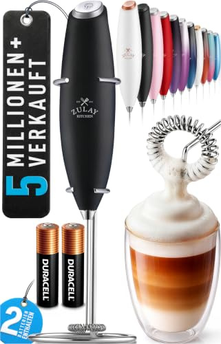 Zulay Kitchen Milchaufschäumer Elektrisch, Batteriebetriebener Milchaufschäumer-Stab für Kaffee, Milch & Shakes – Handmixer, Schwarz, Inkl. Stand & Batterien
