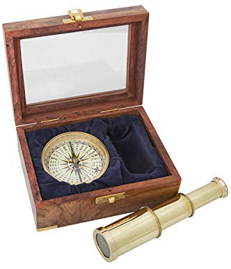 mare-me Kompass Teleskop Messing Holzbox