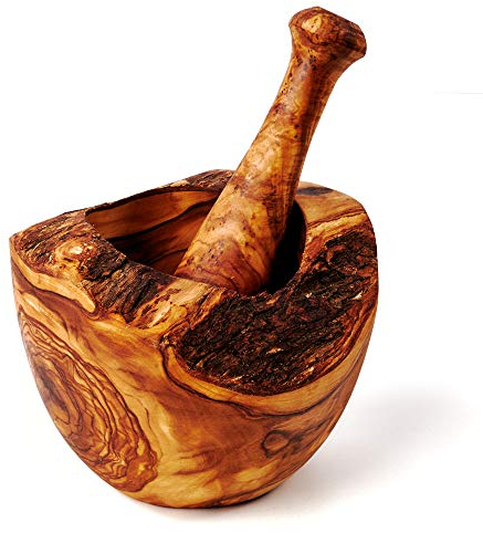 DAS OLIVENHOLZBRETT® / Mörser und Stößel aus Olivenholz im Naturschnitt/Olivenholzmörser & Stößel Set/Holzmörser/robuster Knoblauch, Kräuter und Gewürz-Mörser ca.16cm