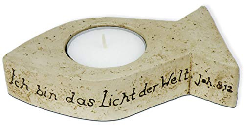 Uljö - Teelichthalter Fisch 'Ich bin das Licht der Welt' aus Natur-Kunststein/Keramik, 16x9 cm, inkl. Teelicht, religiös, indoor