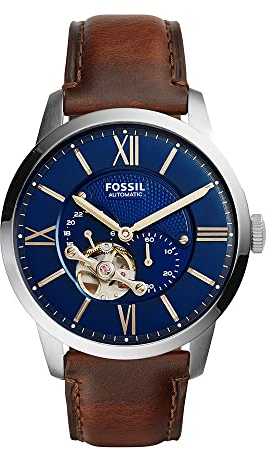Fossil Herren-Armbanduhr Analog Automatik Lederband ME3105, Silber/Blau, Cognac, 44 mm, Skelettuhr