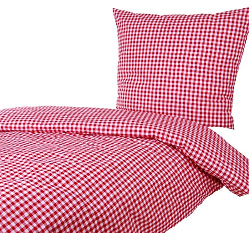 Hans-Textil-Shop Bettwäsche Karo 1x1 cm Baumwolle - Reißverschluss, Kariert, Karomuster, Landhaus, Bettbezug (Rot, 140x200 70x90 cm)