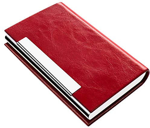 Padike Porte-cartes de visite, porte-cartes de visite professionnel en cuir synthétique et acier inoxydable pour homme et femme (V-rouge)