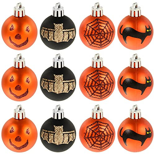 Cackle & Co 12 Pack Mini Halloween Tree Baubles Glittery Party Decoration 4cm Orange Black
