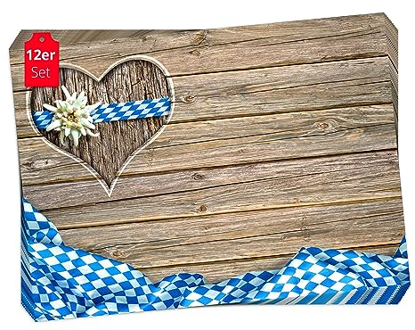 Tischset I Platzset - Bayerisches Motiv mit Herz und Edelweiß - 12 Stück 44 x 32 cm aus Premium Naturpapier - die besondere Motto-Tischdekoration fürs Oktoberfest oder Weisswurst Frühstück