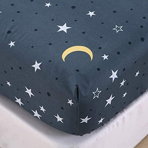 Chickw1 Galaxie Spannbettlaken 90x200cm Kinder Matratzenschoner Stern Mond Gedruckt Bettlaken für Boxspringbett Mikrofaser Spannbetttuch bis 25-30 cm Hohe