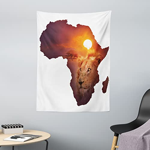 ABAKUHAUS Safari Wandteppich, Lion und afrikanische Sonnenuntergang Karte aus Weiches Mikrofaser Stoff Waschbar ohne Verblassen Digitaldruck, 110 x 150 cm, Aubergine und Orange