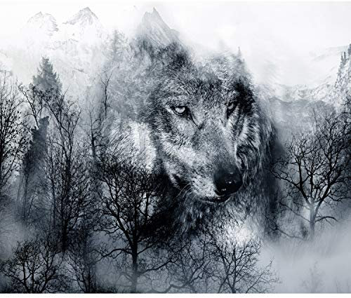 decomonkey - Papier Peint Panoramique Paysage Animaux Loup 400x280 cm - Décoration murale moderne – Tapisserie décorative pour chambre salon - Des arbres montagnes forêt loups animaux