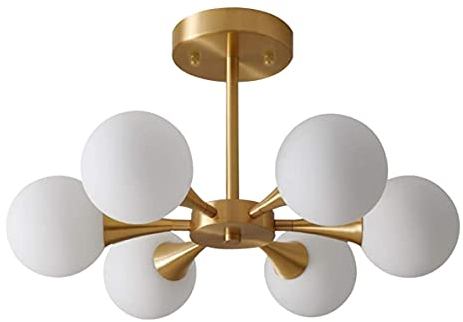 KCO Sputnik Deckenleuchte, gebürstetes Gold, Mitte des Jahrhunderts, moderne Deckenleuchte, 6-flammig, Milchglas-Kugel, halbbündige Deckenleuchte