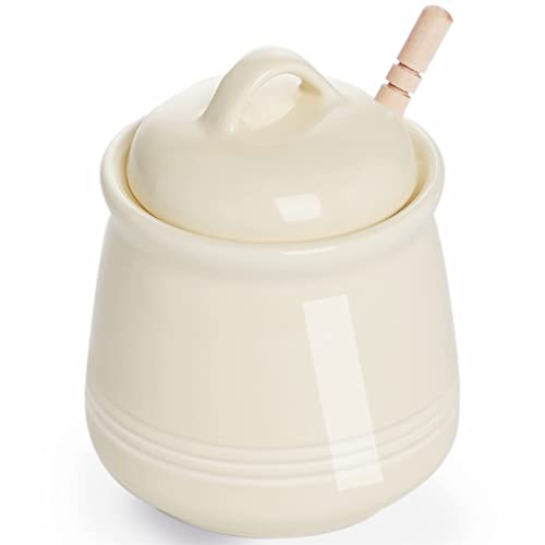 HAOTOP Honigtopf aus Keramik mit Deckel und Honigstäbchen, Honigglas aus Porzellan, leicht zu reinigen und spülmaschinenfest, 340 ml (Beige)