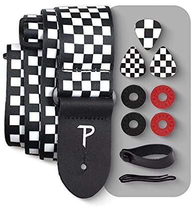 Perri's Leathers Ltd. - Set - Polyester-Gitarrengurt - Checker - BONUS - 3 Medium Plektren 0,71mm - 1 Leder-Akustik-Adapter - 4 Gurt- & Riemenverschlüsse (LPCP-591-PKG)