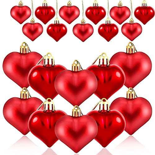 Miss-shop Valentinstag Herz Ornamente, Herz Förmige Weihnachtsbaum Kugeln 12 Stücke 2 Stil Herz Kugeln Herz Hängende Dekoration für Valentinstag Hochzeitstag (Rot)