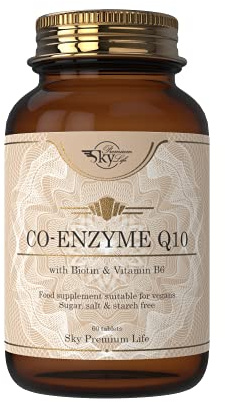 Sky Premium Life Coenzyme Q10 Biotin Vitamin B6 Supplement 60 Vegan Tablets | Coenzyme Q10 food supplement with biotin and vitamin B6 in 60 vegan tablets, non-GMO, sugar-free, salt-free and starch-free
