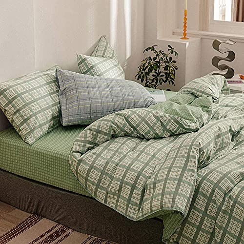 AShanlan Bettwäsche 135x200 4teilig Grün Kariert 100% Microfaser Bettbezug Modern Grün Weiß Karomuster Wendebettwäsche Set mit Kissenbezüge 80x80 cm Reißverschluss