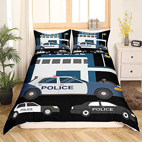 Homewish Kinder Polizei Auto Bettwäsche Set 135×200, Jungen Karikatur Auto Bettbezug, Emergency Responder Fahrzeuge Tröster Abdeckung für Mädchen, Blue Greys Abdeckung mit 1 Kissenbezug Raumdekor