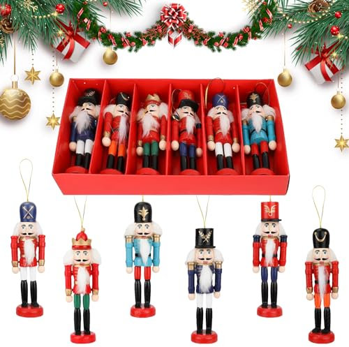 Andiker 6 Pcs Christmas Nutcracker Ornaments, Exquisite Wooden Nutcracker Soldier Handcraft, Xmas Tree Hanging Pendant Decorations for Gifts Home Display