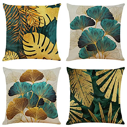 NIULAA Deko Kissenbezug 50x50 4er Set Kissenbezüge Petrol Gold Gartenlounge Couch Dekokissen Kissenhülle Landhausstil Zierkissenhülle Leinen Garten Outdoor Kissen Sofakissen Couchkissen