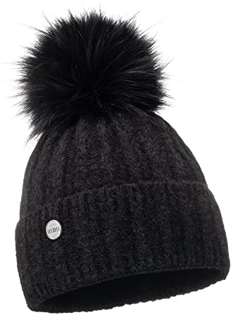 ELIMELI Winter Mütze Damenmütze mit Fell-Bommel - warme Damen Bommelmütze Strickmütze - Wintermütze mit Kunstfell Bommel - Slouch Strick Beanie Made in EU (Dunkelgrau)