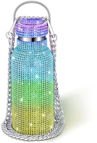 Diamond Insulated Water Bottle Bling Rhinestone Stainless Steel Refillable Glitter Thermal Bottle with Chain for Women Girls Gifts (Rainbow, 500 ml)