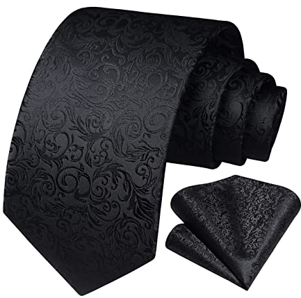 HISDERN Krawatte Schwarz Herren Elegant Floral Hochzeit Krawatten mit Einstecktuch Klassisch Business Party Paisley Blumen Krawatte & Taschentuch Set