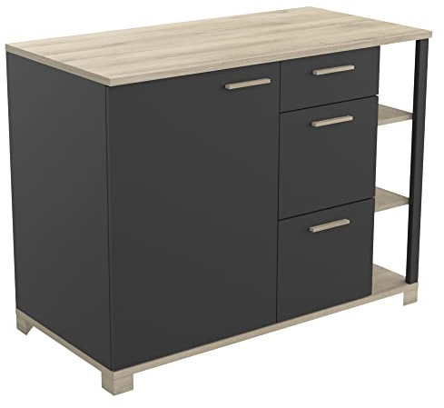 Petit Meuble Buffet Bas pour Salon Ou Cuisine, 1 Porte, 3 tiroirs Et Plan De Travail Intégré en Bois d'ingénierie - Atelier – Coloris Noir Mat & Chêne - 120 x 60 x 92,4 cm