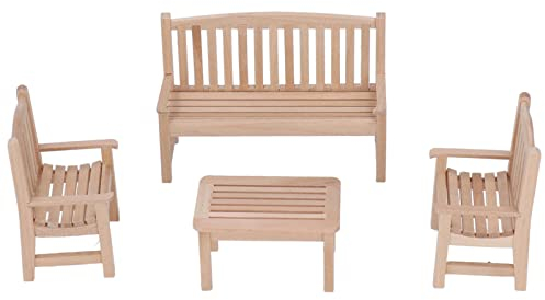 SPYMINNPOO Puppenhaus Rechteckiger Tisch, 4 Stück Puppenhaus Miniaturmöbel Holzbank Stuhl Gartenmöbel Set für Puppenhausdekoration Im Maßstab 1:12
