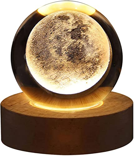 USB 3D Kristallkugel mit Holzsockel 3D Sonnensystem mit LED, Tischdeko Planet Lampe Nachtlicht, Geburtstag Kinder Geschenke, Party Deko (Mond)