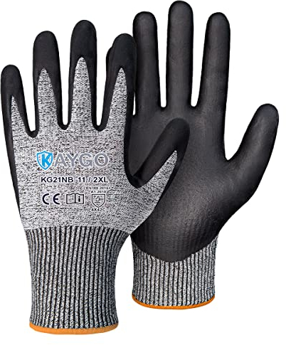 KAYGO 2 Paar Arbeitshandschuhe Schnittfest Level C, KG21N, Nitril Beschichtet Rutschfester Griff, Waschbar, EN388 4X42C Schnittschutz Handschuhe für Schneiden, Lager, Bau, Auto (Grau, XXL, Gr 11)